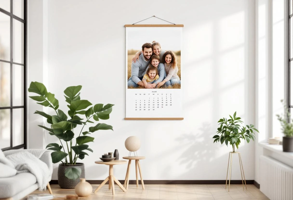 Zidni foto kalendar s obiteljskom fotografijom, obješen na zidu doma